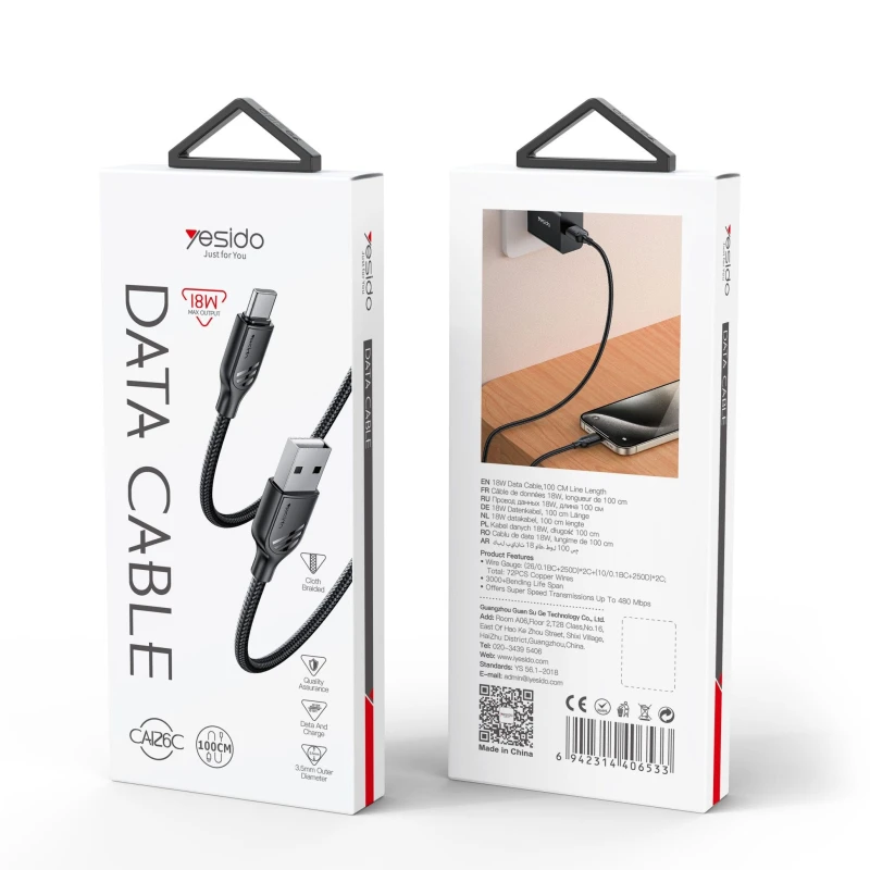 USB CABLE TO TYPE-C YESIDO CA126L LENGTH 1 METER 2.4 AMP 18W